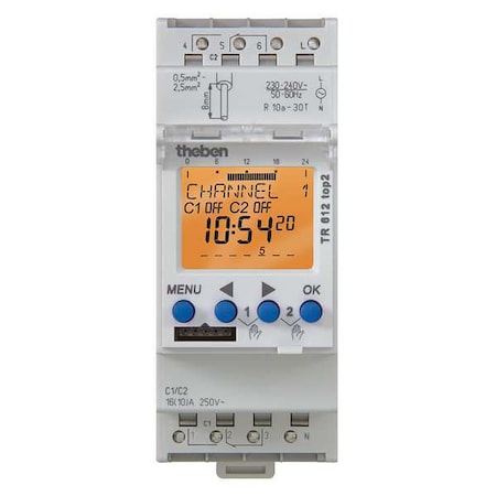 Electr. Timer, Din Rail, 24Hr/7D, 2 Chn. MPN:TR-612-TOP-2-120V