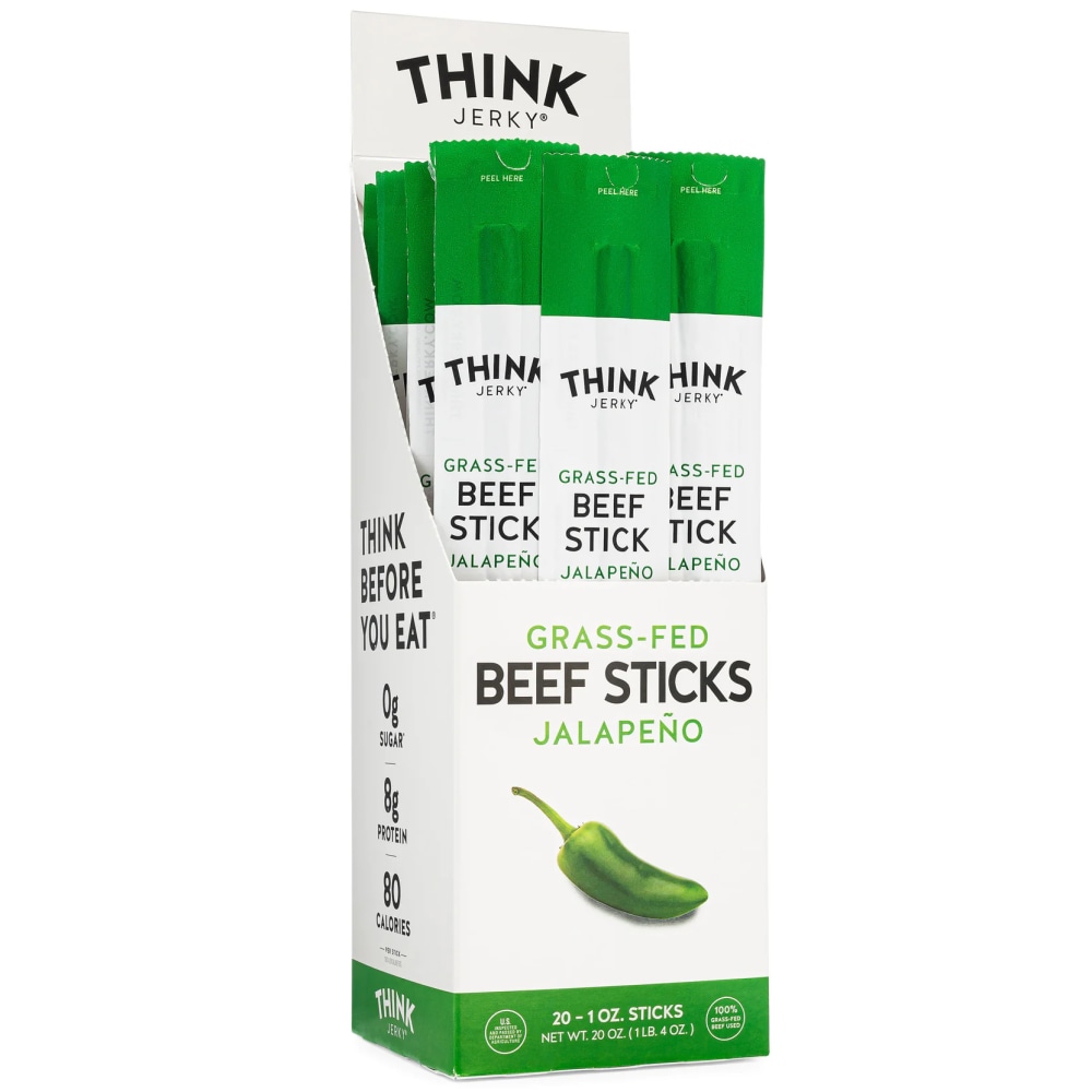Think Jerky Jalapeno 100% Grass-Fed Beef Sticks, 1 Oz, Box Of 20 Sticks MPN:850941006636