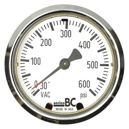 Panel-Mount Compound Gauge, 30 to 0 to 600 psi, 4 in Dial, 1/4 in NPT, Lower Back Location MPN:BC-LFP-100-F