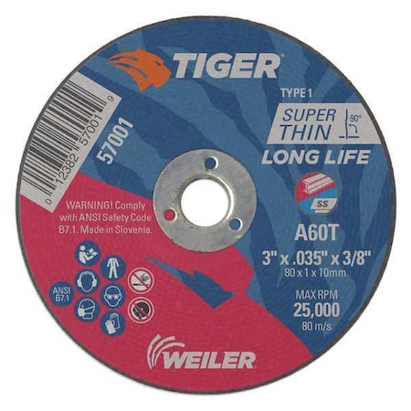 Abrasive Cut-Off Wheel, Type 1, 3 in Dia, 0.035 in Thick, Aluminum Oxide MPN:57001