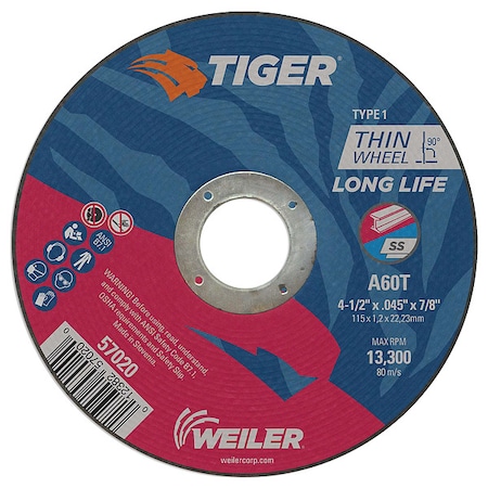 Abrasive Cut-Off Wheel, Type 1, 4 1/2 in Dia, 0.045 in Thick, Aluminum Oxide, 60 Grit MPN:57020