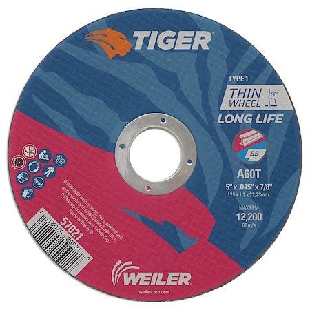 Abrasive Cut-Off Wheel, Type 1, 5 in Dia, 0.045 in Thick, Aluminum Oxide, 60 Grit MPN:57021