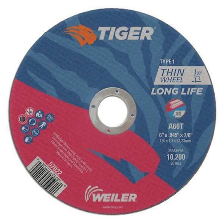Abrasive Cut-Off Wheel, Type 1, 6 in Dia, 0.045 in Thick, Aluminum Oxide, 60 Grit MPN:57022