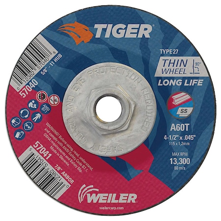 Cutting Wheel, Type 27, 4 1/2 in Dia, 0.045 in Thick, 5/8 in-11 UNC Nut Arbor Hole Size, 60 Grit MPN:57040
