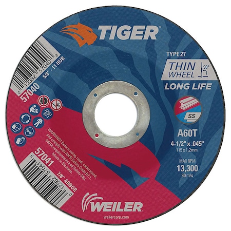 Cutting Wheel, Type 27, 4 1/2 in Dia, 0.045 in Thick, 7/8 in Arbor Hole Size, Aluminum Oxide MPN:57041