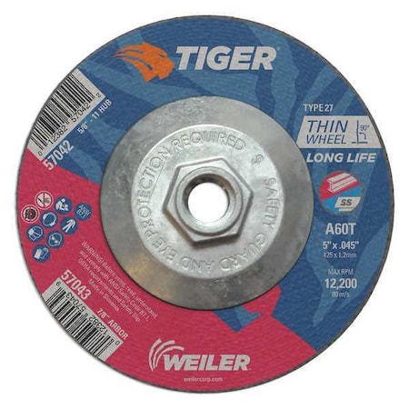 Cutting Wheel, Type 27, 5 in Dia, 0.045 in Thick, 5/8 in-11 UNC Nut Arbor Hole Size, Aluminum Oxide MPN:57042
