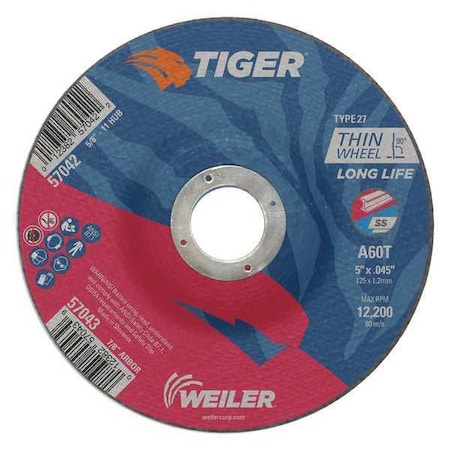 Cutting Wheel, Type 27, 5 in Dia, 0.045 in Thick, 7/8 in Arbor Hole Size, Aluminum Oxide MPN:57043