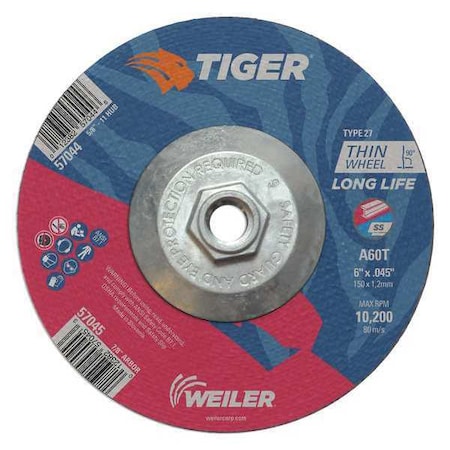 Cutting Wheel, Type 27, 6 in Dia, 0.045 in Thick, 7/8 in Arbor Hole Size, Aluminum Oxide MPN:57045
