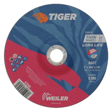 Cutting Wheel, Type 27, 7 in Dia, 0.06 in Thick, 7/8 in Arbor Hole Size, Aluminum Oxide MPN:57046