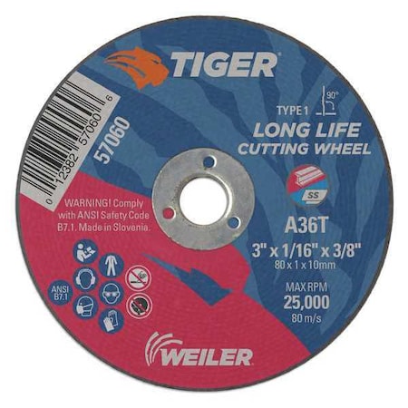 Abrasive Cut-Off Wheel, Type 1, 3 in Dia, 0.0625 in Thick, Aluminum Oxide MPN:57060