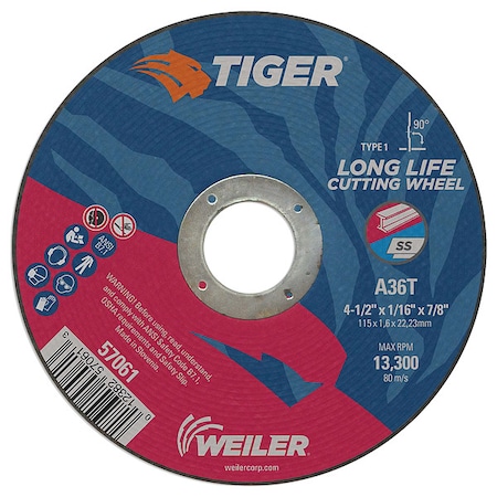 Abrasive Cut-Off Wheel, Type 1, 4 1/2 in Dia, 0.0625 in Thick, Aluminum Oxide, 60 Grit MPN:57061