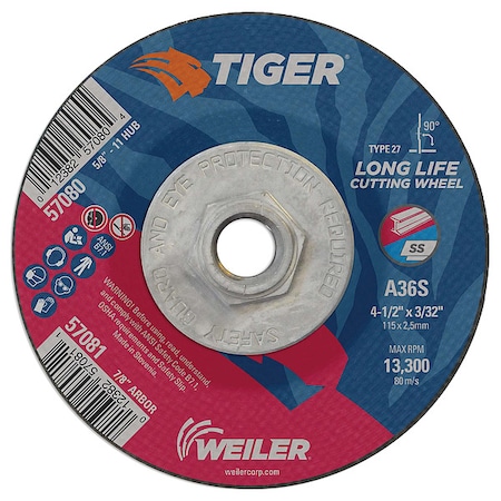 Cutting Wheel, Type 27, 4 1/2 in Dia, 0.0938 in Thick, 5/8 in-11 UNC Nut Arbor Hole Size, 60 Grit MPN:57080