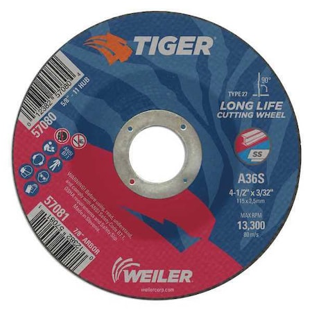 Cutting Wheel, Type 27, 4 1/2 in Dia, 0.0938 in Thick, 7/8 in Arbor Hole Size, Aluminum Oxide MPN:57081