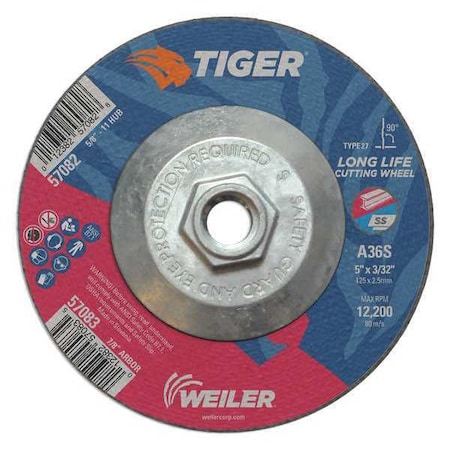 Cutting Wheel, Type 27, 5 in Dia, 0.0938 in Thick, 5/8 in-11 UNC Nut Arbor Hole Size MPN:57082