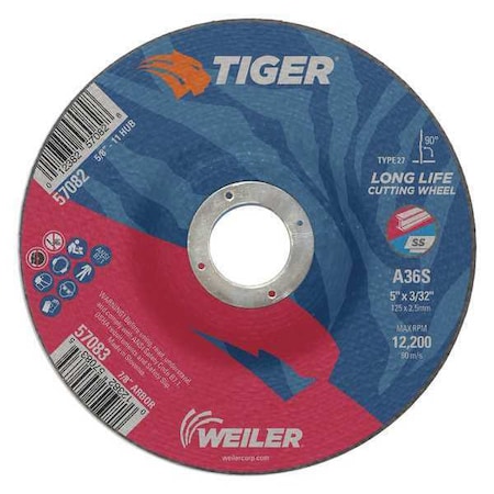 Cutting Wheel, Type 27, 5 in Dia, 0.0938 in Thick, 7/8 in Arbor Hole Size, Aluminum Oxide MPN:57083