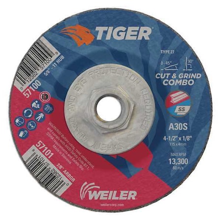 Combo Wheel, Type 27, 4 1/2 in Dia, 0.125 in Thick, 5/8 in-11 UNC Nut Arbor Hole Size MPN:57100