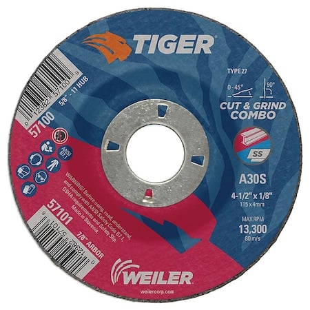 Combo Wheel, Type 27, 4 1/2 in Dia, 0.125 in Thick, 7/8 in Arbor Hole Size, Aluminum Oxide, 30 Grit MPN:57101