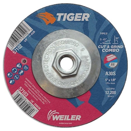 Combo Wheel, Type 27, 5 in Dia, 0.125 in Thick, 5/8 in-11 UNC Nut Arbor Hole Size, Aluminum Oxide MPN:57102