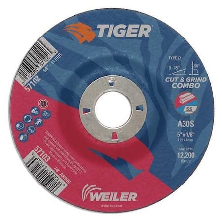 Combo Wheel, Type 27, 5 in Dia, 0.125 in Thick, 7/8 in Arbor Hole Size, Aluminum Oxide MPN:57103