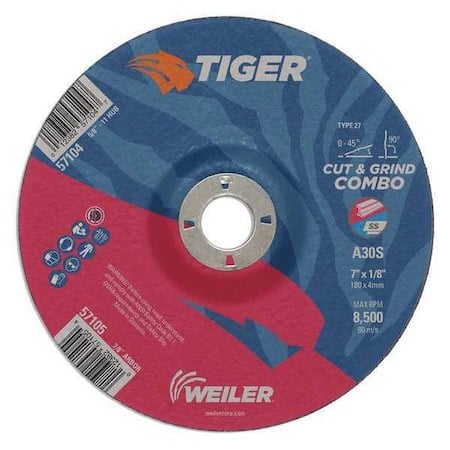 Combo Wheel, Type 27, 7 in Dia, 0.125 in Thick, 7/8 in Arbor Hole Size, Aluminum Oxide MPN:57105