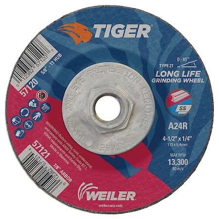 Grinding Wheel, Type 27, 4 1/2 in Dia, 0.25 in Thick, 5/8 in-11 UNC Nut Arbor Hole Size, 24 Grit MPN:57120