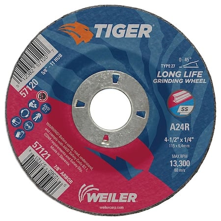 Grinding Wheel, Type 27, 4 1/2 in Dia, 0.25 in Thick, 7/8 in Arbor Hole Size, Aluminum Oxide MPN:57121