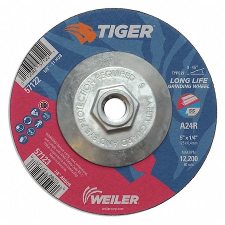 Grinding Wheel, Type 27, 5 in Dia, 1/4 in Thick, 5/8 in-11 UNC Nut Arbor Hole Size, Aluminum Oxide MPN:57122