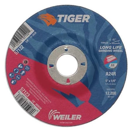 Grinding Wheel, Type 27, 5 in Dia, 1/4 in Thick, 7/8 in Arbor Hole Size, Aluminum Oxide MPN:57123