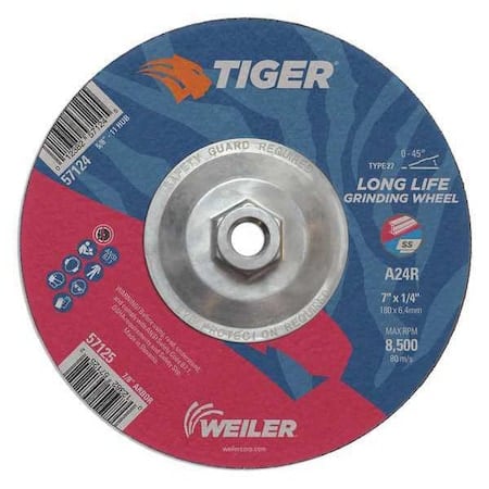 Grinding Wheel, Type 27, 7 in Dia, 1/4 in Thick, 5/8 in-11 UNC Nut Arbor Hole Size, Aluminum Oxide MPN:57124