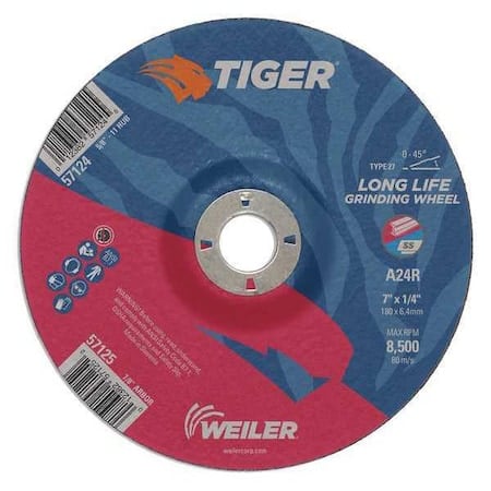 Grinding Wheel, Type 27, 7 in Dia, 1/4 in Thick, 7/8 in Arbor Hole Size, Aluminum Oxide MPN:57125