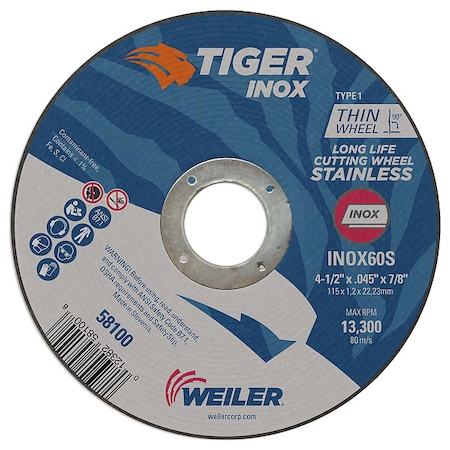 Abrasive Cut-Off Wheel, Type 1, 4 1/2 in Dia, 0.045 in Thick, 60 Grit MPN:58100