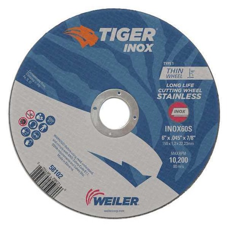 Abrasive Cut-Off Wheel, Type 1, 6 in Dia, 0.045 in Thick, Aluminum Oxide MPN:58102
