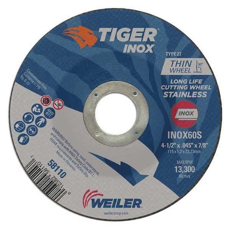 Cutting Wheel, Type 27, 4 1/2 in Dia, 0.045 in Thick, 7/8 in Arbor Hole Size, Aluminum Oxide MPN:58110