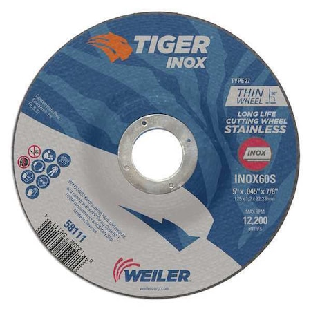 Cutting Wheel, Type 27, 5 in Dia, 0.045 in Thick, 7/8 in Arbor Hole Size, Aluminum Oxide MPN:58111