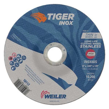 Cutting Wheel, Type 27, 6 in Dia, 0.045 in Thick, 7/8 in Arbor Hole Size, Aluminum Oxide MPN:58112