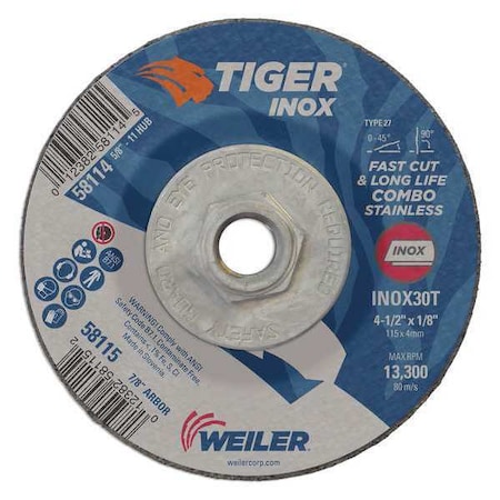 Cutting Wheel, Type 27, 4 1/2 in Dia, 0.125 in Thick, 5/8 in-11 UNC Nut Arbor Hole Size MPN:58114