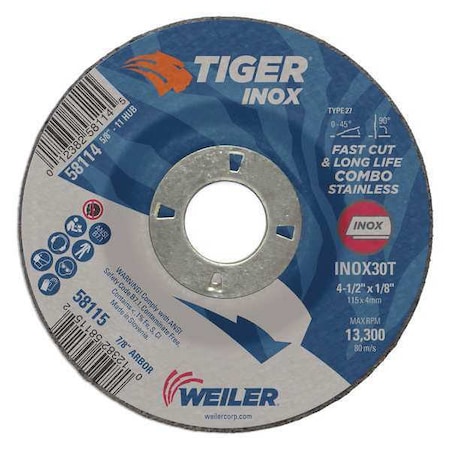 Cutting Wheel, Type 27, 4 1/2 in Dia, 0.125 in Thick, 7/8 in Arbor Hole Size, Aluminum Oxide MPN:58115