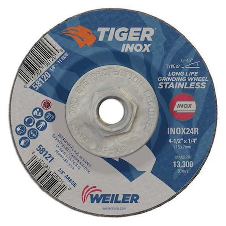 Grinding Wheel, Type 27, 4 1/2 in Dia, 1/4 in Thick, 5/8 in-11 UNC Nut Arbor Hole Size MPN:58120