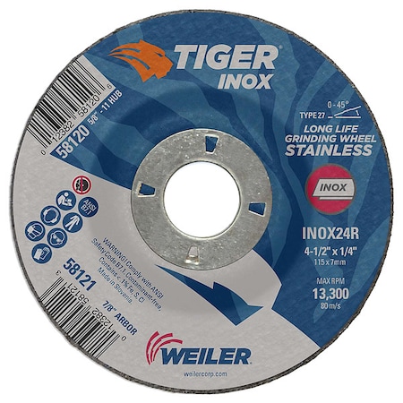 Grinding Wheel, Type 27, 4 1/2 in Dia, 0.25 in Thick, 7/8 in Arbor Hole Size, Aluminum Oxide MPN:58121