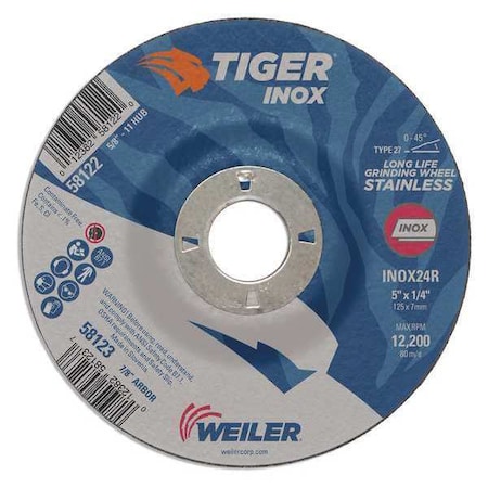 Grinding Wheel, Type 27, 5 in Dia, 1/4 in Thick, 7/8 in Arbor Hole Size, Aluminum Oxide MPN:58123