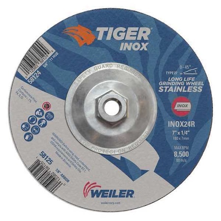 Grinding Wheel, Type 27, 7 in Dia, 1/4 in Thick, 5/8 in-11 UNC Nut Arbor Hole Size, Aluminum Oxide MPN:58124