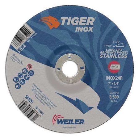 Grinding Wheel, Type 27, 7 in Dia, 1/4 in Thick, 7/8 in Arbor Hole Size, Aluminum Oxide MPN:58125