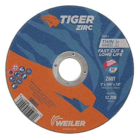 Abrasive Cut-Off Wheel, Type 1, 5 in Dia, 0.045 in Thick, Zirconia Alumina MPN:58001
