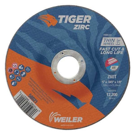 Cutting Wheel, Type 27, 5 in Dia, 0.045 in Thick, 7/8 in Arbor Hole Size, Zirconia Alumina MPN:58021