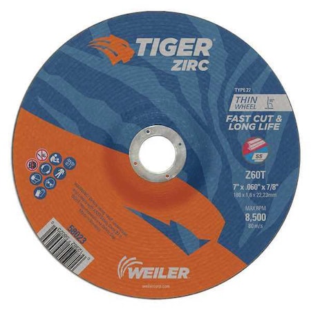 Cutting Wheel, Type 27, 7 in Dia, 0.06 in Thick, 7/8 in Arbor Hole Size, Zirconia Alumina MPN:58023