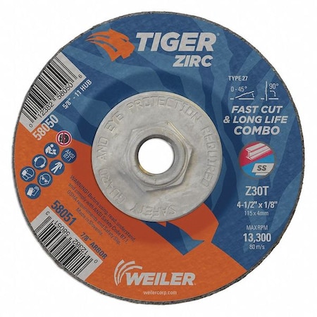 Combo Wheel, Type 27, 4 1/2 in Dia, 0.125 in Thick, 5/8 in-11 UNC Nut Arbor Hole Size MPN:58050
