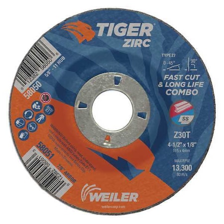 Combo Wheel, Type 27, 4 1/2 in Dia, 0.125 in Thick, 7/8 in Arbor Hole Size, Zirconia Alumina MPN:58051