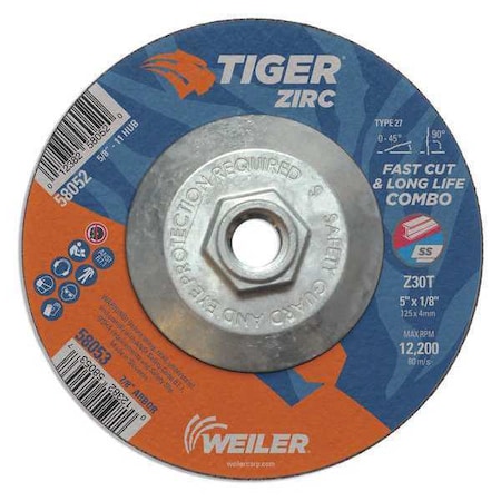 Combo Wheel, Type 27, 5 in Dia, 0.125 in Thick, 5/8 in-11 UNC Nut Arbor Hole Size, Zirconia Alumina MPN:58052