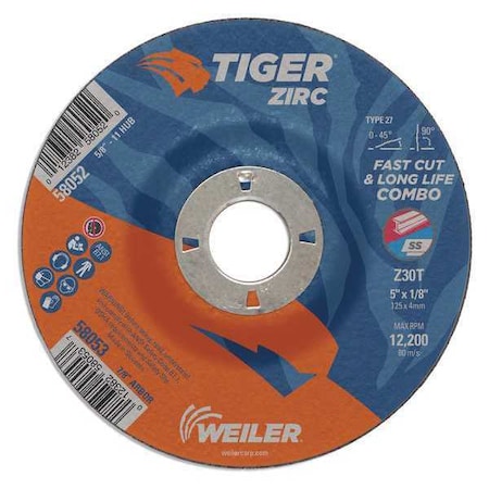 Combo Wheel, Type 27, 5 in Dia, 0.125 in Thick, 7/8 in Arbor Hole Size, Zirconia Alumina MPN:58053