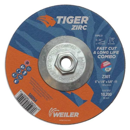 Combo Wheel, Type 27, 6 in Dia, 0.125 in Thick, 5/8 in-11 UNC Nut Arbor Hole Size, Zirconia Alumina MPN:58054